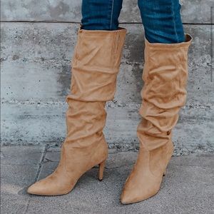 Lulus captain camel suede pointed-toe knee high boots